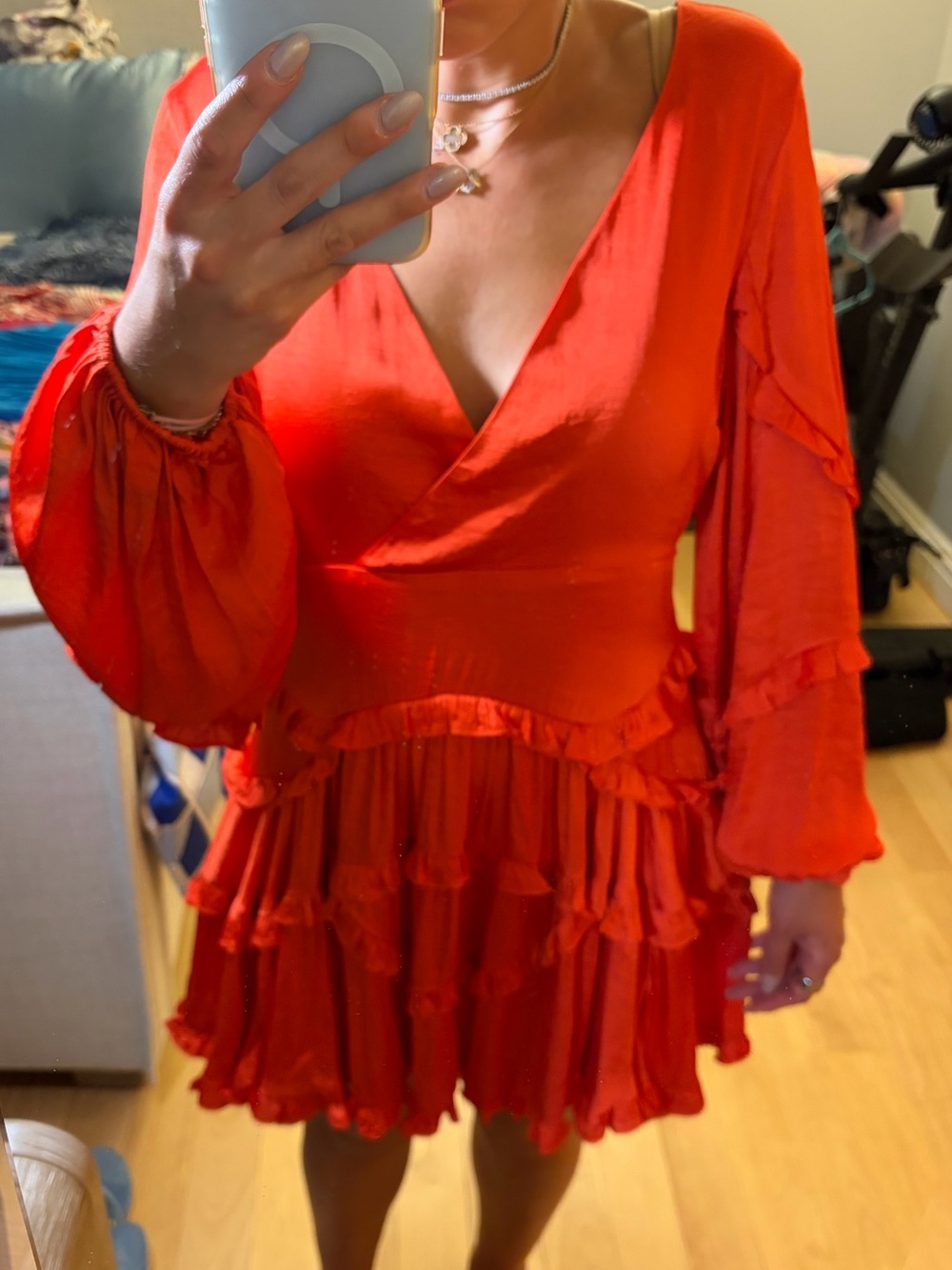 Bardot Bright oranfe Ruffle V-Neck Mini Dress tie back worn once size 6/ small